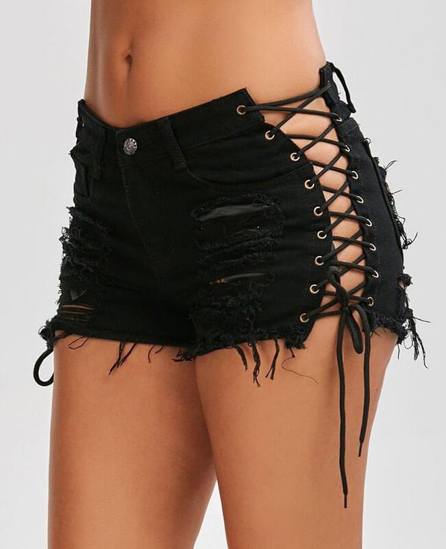 Bandage Lace Up Ripped Denim Shorts