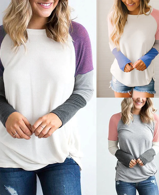 Women's Round Neck Long Sleeve Color Block Striped Tops