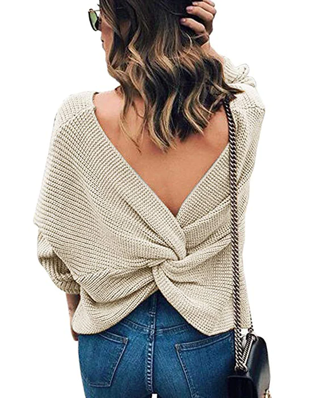 Women's sexy Cross Backless Pullover Batwing Knitted Sweate