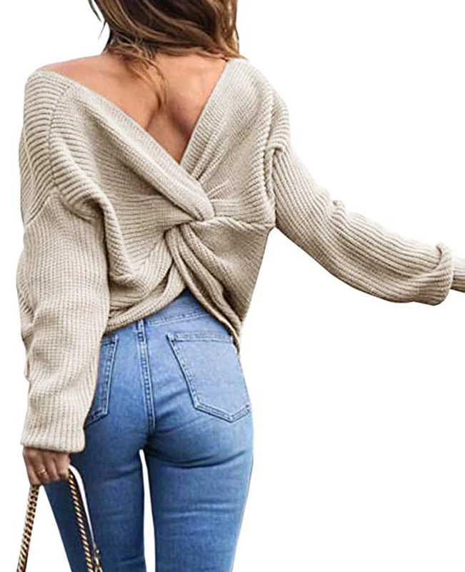 Women's sexy Cross Backless Pullover Batwing Knitted Sweate