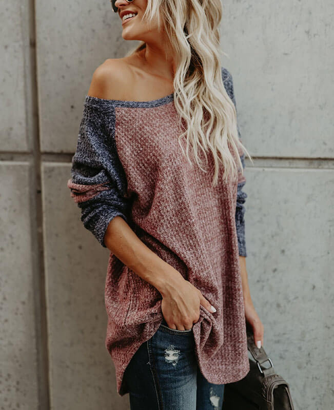 Color Patchwork Loose One Shoulder Sweater-2