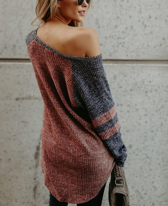 Color Patchwork Loose One Shoulder Sweater-3
