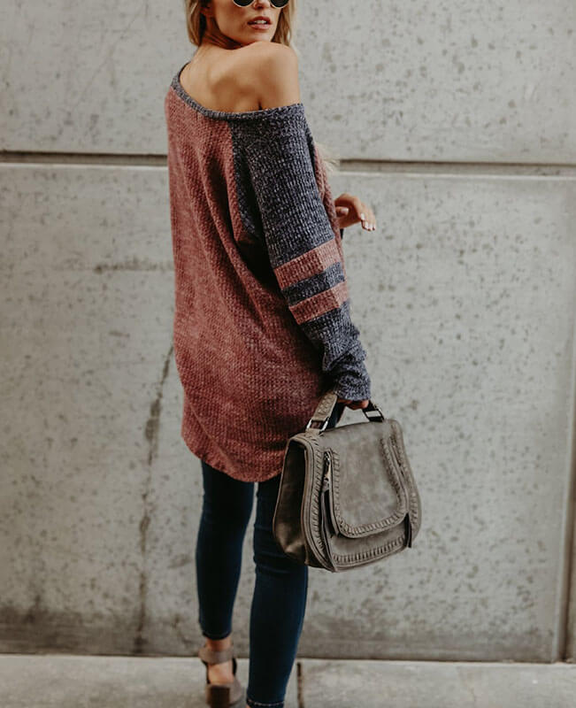 Color Patchwork Loose One Shoulder Sweater-5