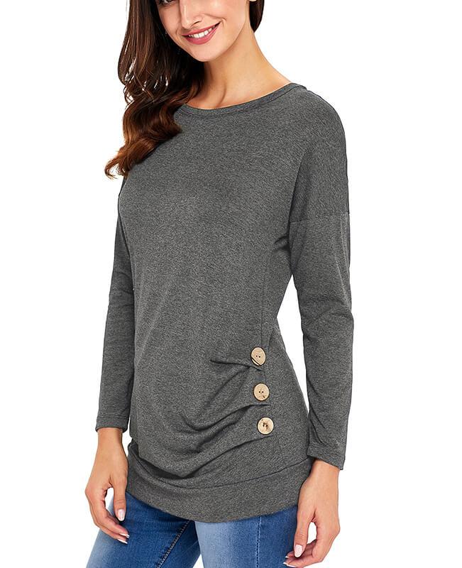 Casual Button Round Neck Long Sleeve Tees Shirts-7