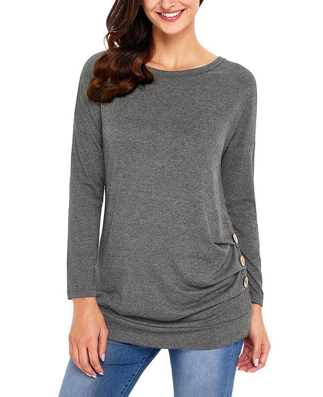 Casual Button Round Neck Long Sleeve Tees Shirts