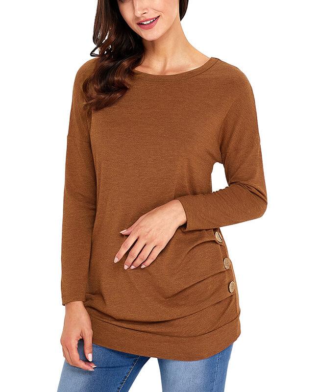 Casual Button Round Neck Long Sleeve Tees Shirts