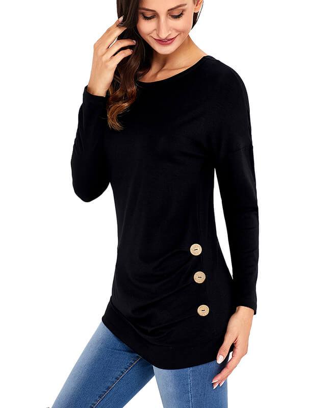 Casual Button Round Neck Long Sleeve Tees Shirts-8