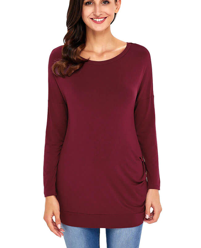 Casual Button Round Neck Long Sleeve Tees Shirts-3