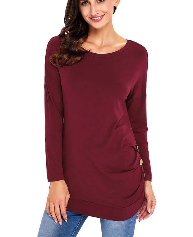 Casual Button Round Neck Long Sleeve Tees Shirts
