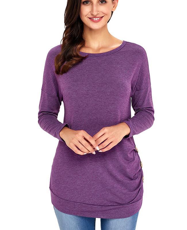 Casual Button Round Neck Long Sleeve Tees Shirts