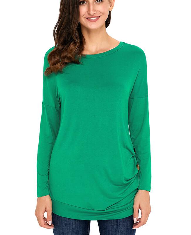 Casual Button Round Neck Long Sleeve Tees Shirts