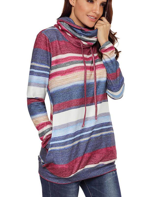 Cowl Neck Drawstring Color Striped Hoodie-5
