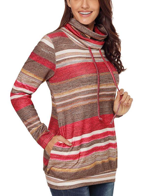 Cowl Neck Drawstring Color Striped Hoodie-6