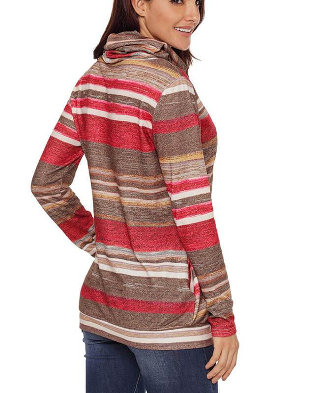 Cowl Neck Drawstring Color Striped Hoodie-4