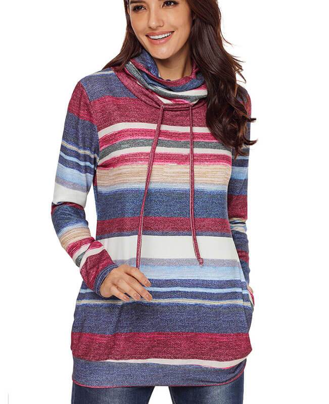 Cowl Neck Drawstring Striped Hoodie