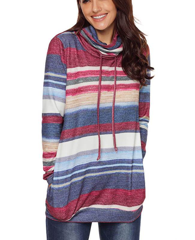 Cowl Neck Drawstring Color Striped Hoodie-3