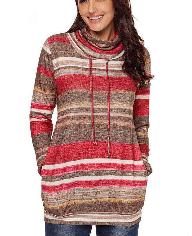 Cowl Neck Drawstring Striped Hoodie