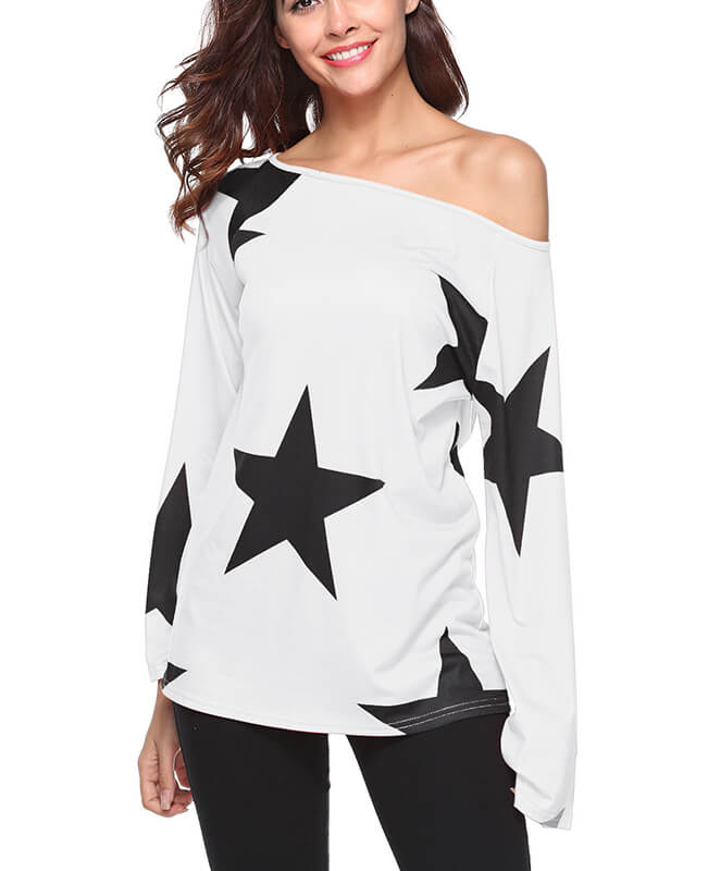 Star Print One Shoulder Tops