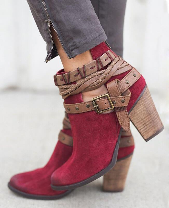 Metal Belt Thick Heel Buckle Boots-5