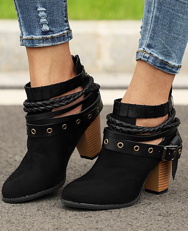 Metal Belt Thick Heel Buckle Boots-6