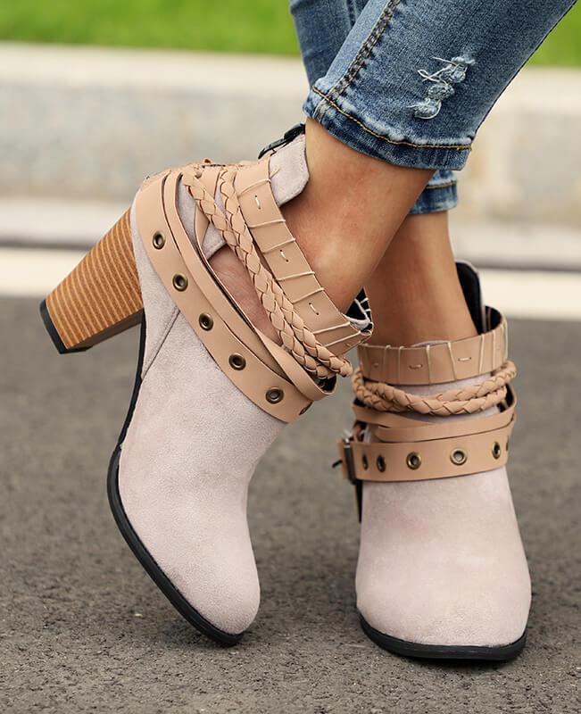 Metal Belt Thick Heel Buckle Boots-2