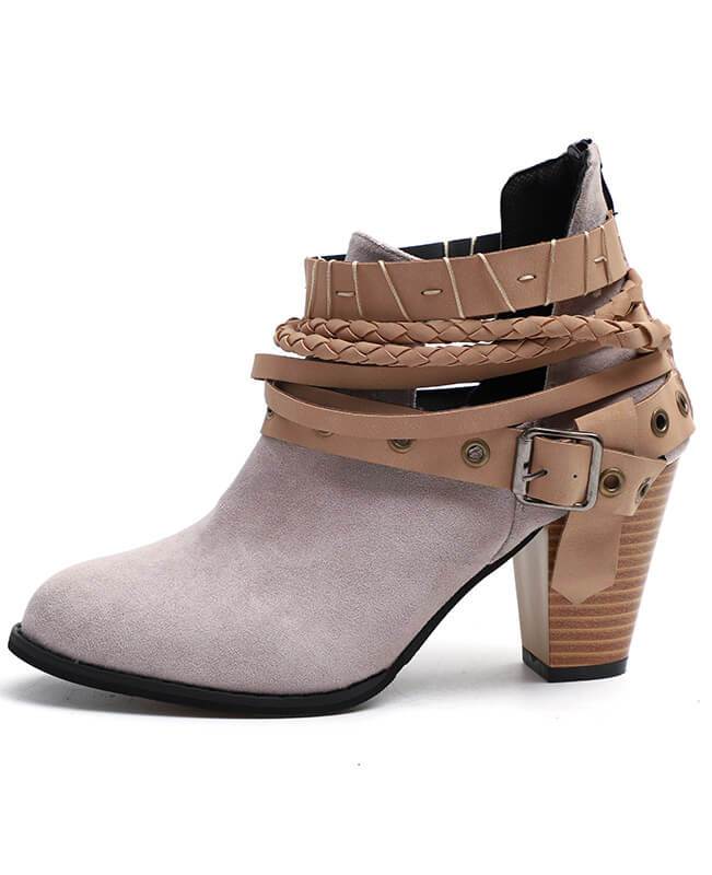 Metal Belt Thick Heel Buckle Boots-7