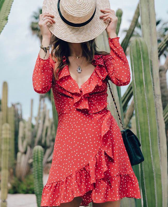 Sexy Ruffle Star Print  Deep V Neck Long Sleeve Wrap Dress
