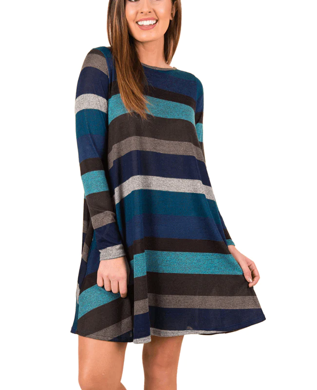 Casual Loose Long Sleeve Striped Dress-5