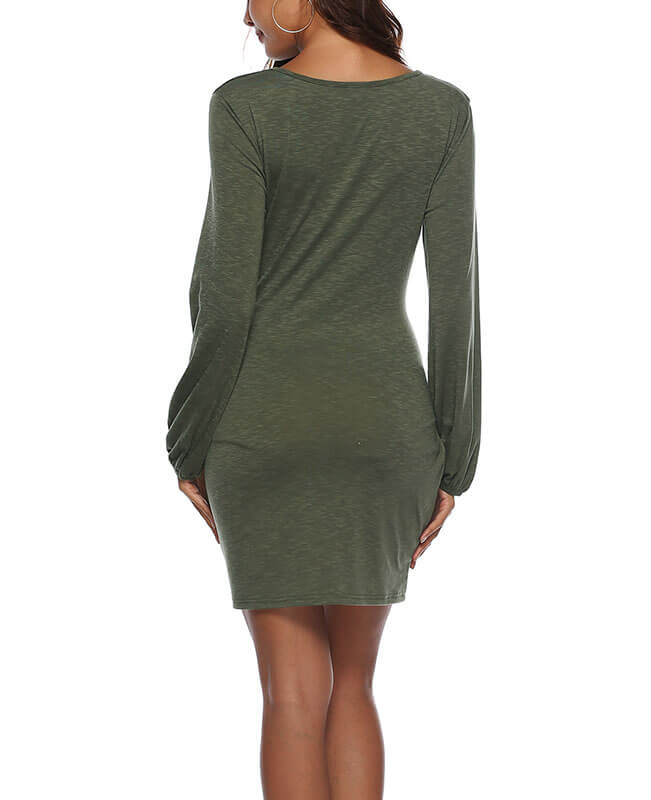 Long Sleeve Solid Color Belted Dress-6