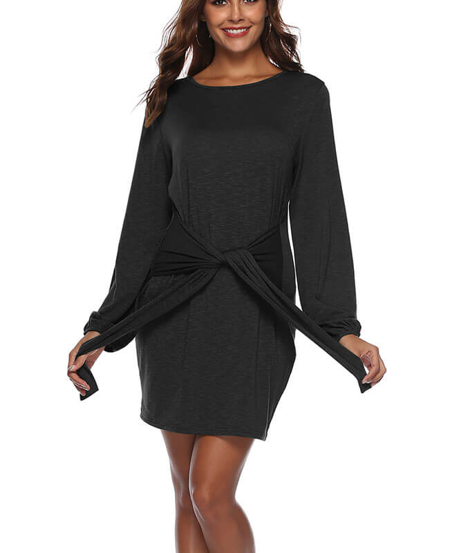 Long Sleeve Solid Color Belted Dress-5