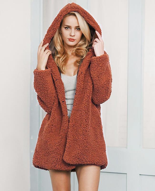Solid Color Thick Fur Hooded Jacket-4