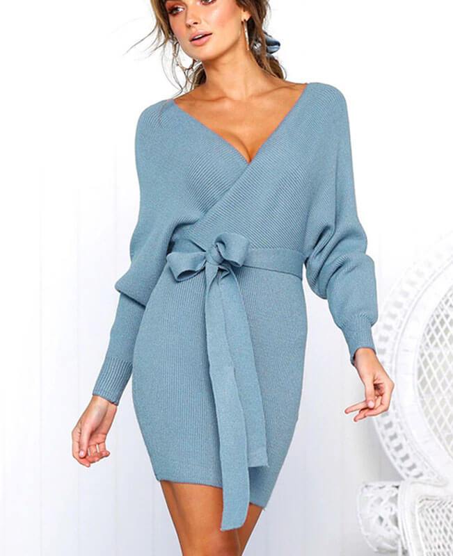 V-neck Backless Knit Sweater Dress