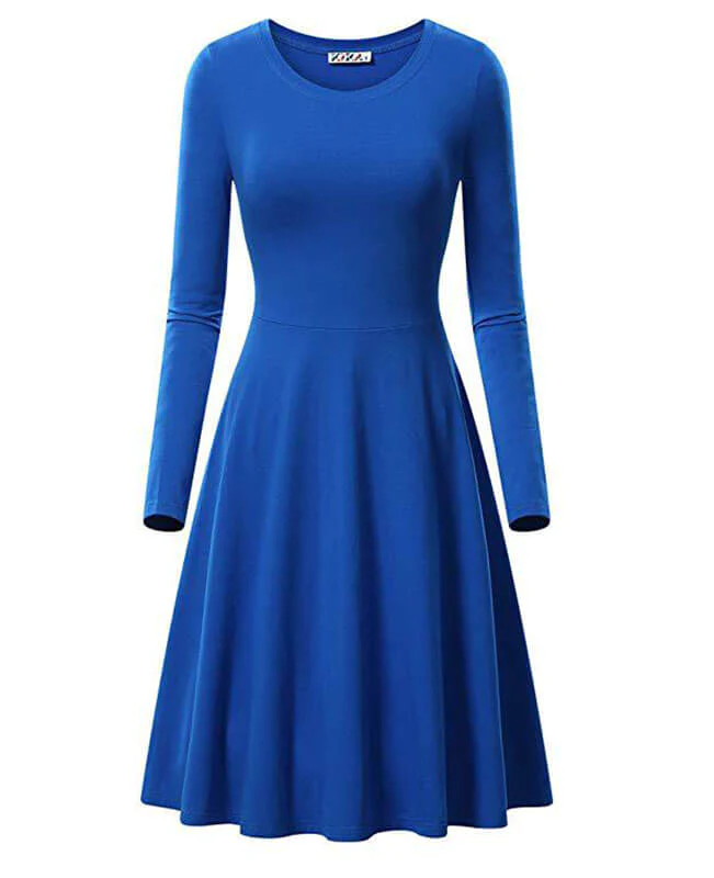 Round Neck Long Sleeve Solid Color Dresses
