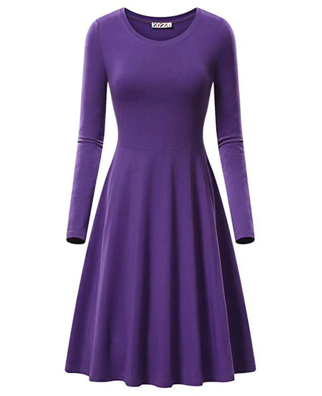 Round Neck Long Sleeve Solid Color Dresses