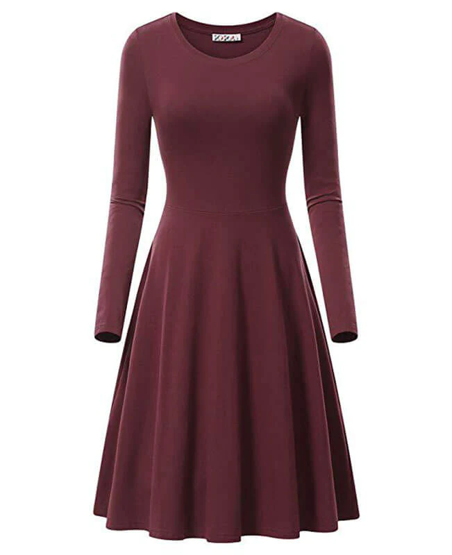 Round Neck Long Sleeve Solid Color Dresses