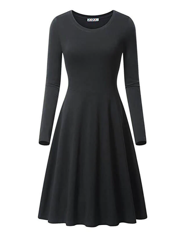 Round Neck Long Sleeve Solid Color Dresses