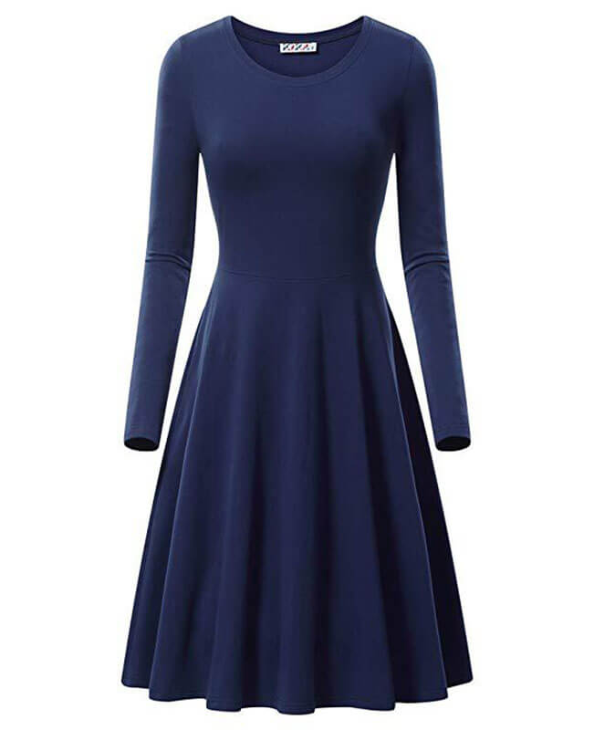 Round Neck Long Sleeve Solid Color Dresses