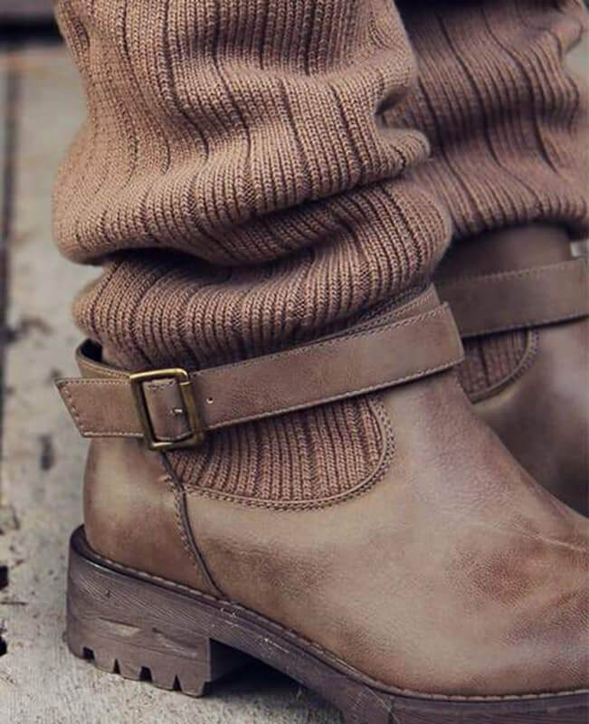 Cable Knit Mid Calf Boots Brown Boots for Women Seamido