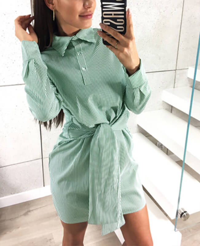 Long Sleeve Tie Striped Shirt Dress