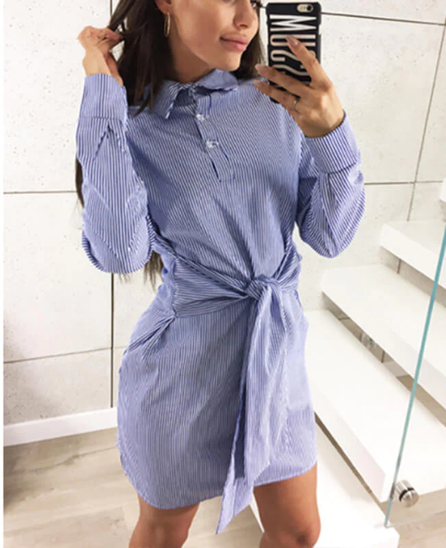 Long Sleeve Tie Striped Shirt Dress