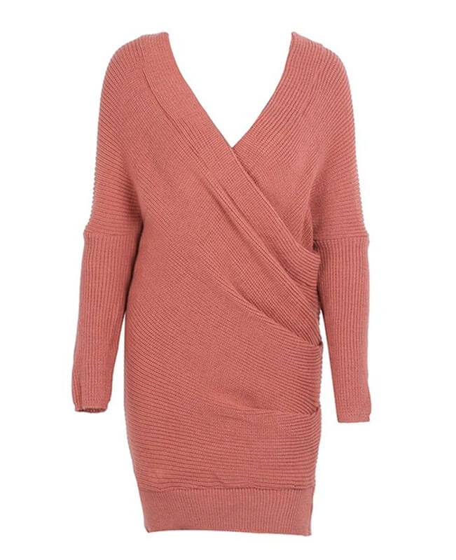 V-neck Long Sleeve Knit Dress-4