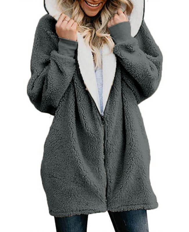 Zip Up Hooded Fluffy Coat