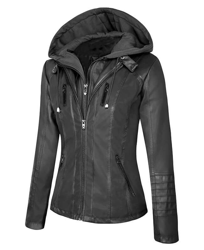 Removable Hooded Faux Leather Jacket