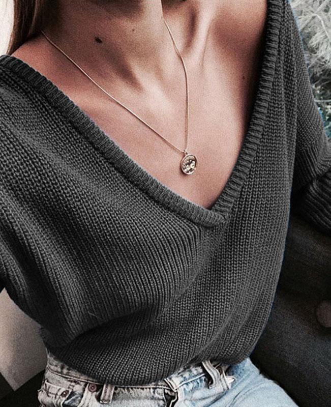 Solid Color Deep V Neck Sweater