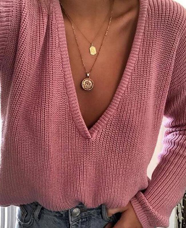 Solid Color Deep V Neck Sweater
