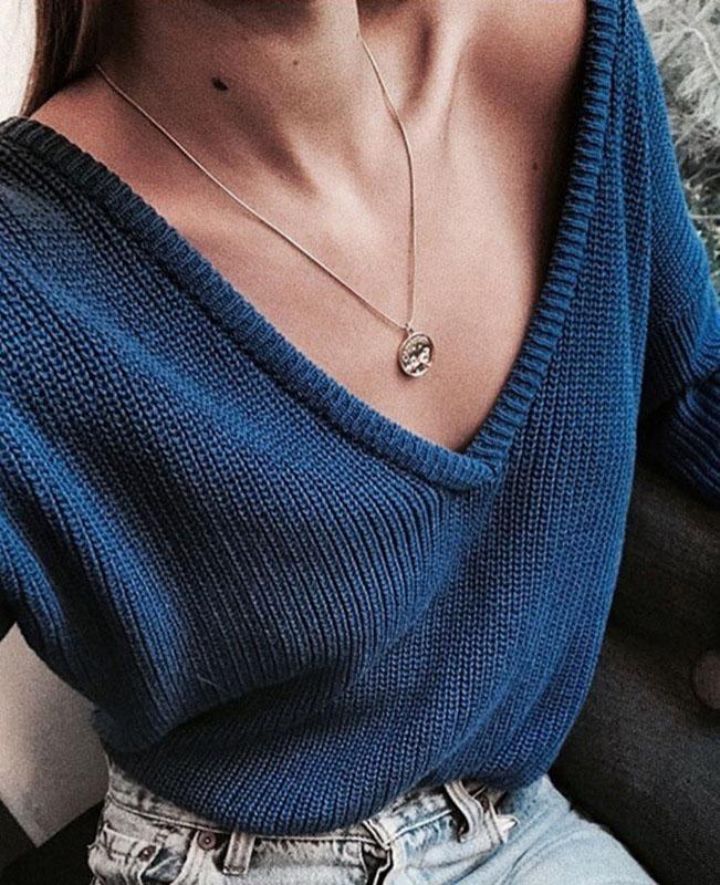 Solid Color Deep V Neck Sweater