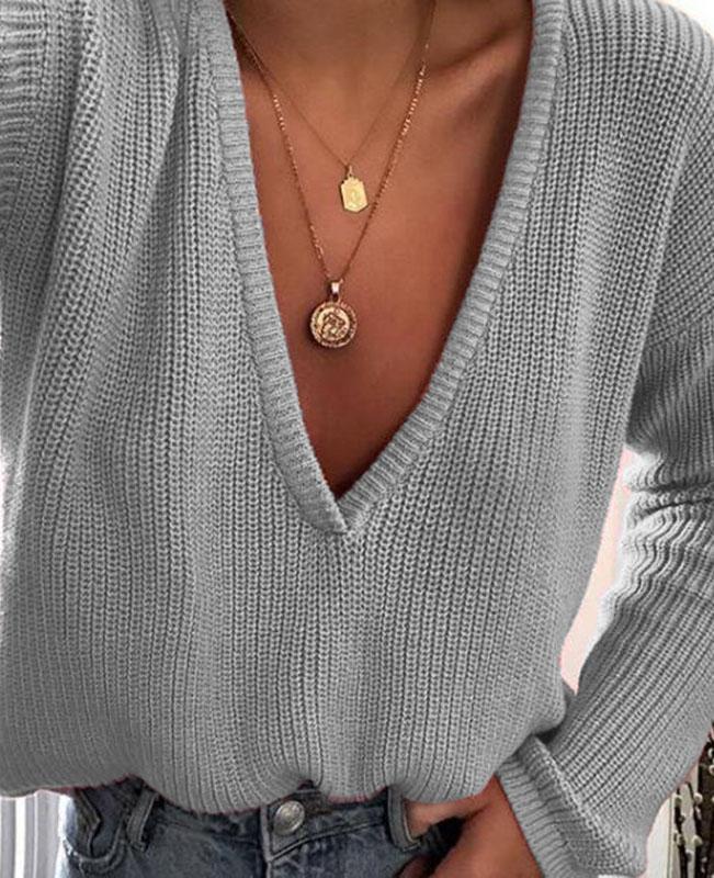 Solid Color Deep V Neck Sweater