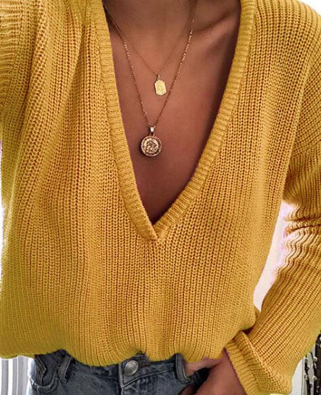 Solid Color Deep V Neck Sweater