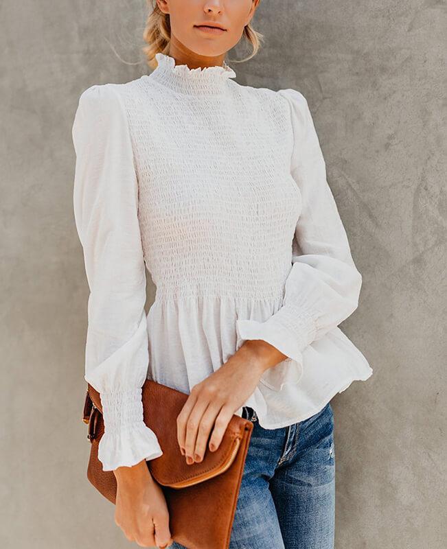 Long Sleeve Frilled Trim Chiffon Blouse