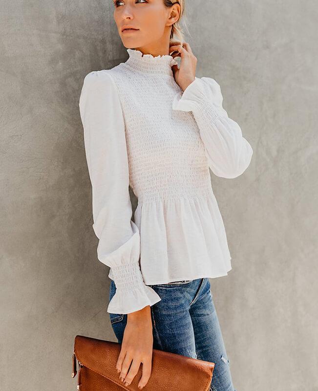 Long Sleeve Frilled Trim Chiffon Blouse